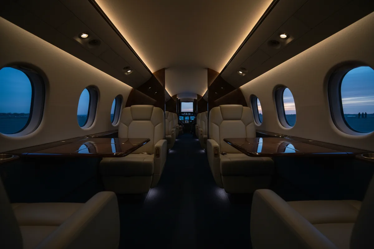 The empty, sunlit cabin of a luxurious private jet with cream leather seats.