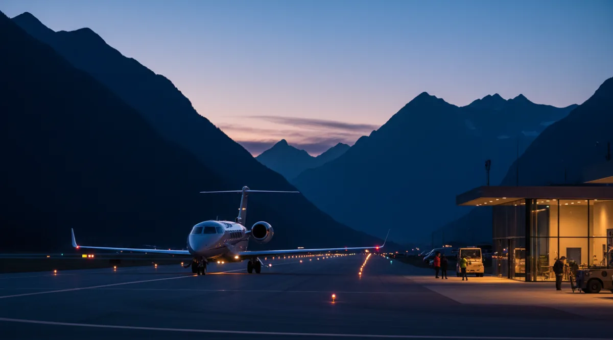 A private jet on a runway at a mountain airport at twilight.