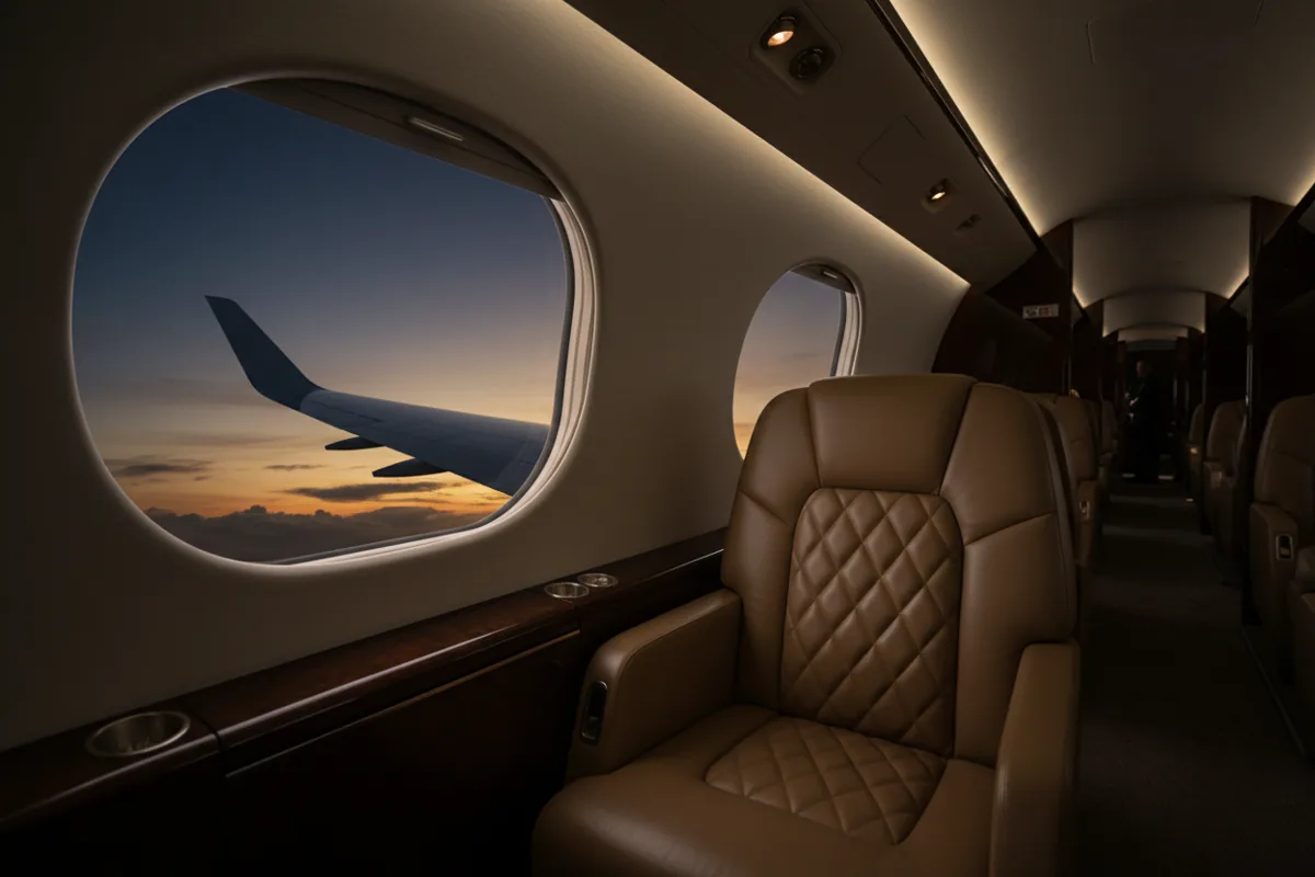 View from a seat inside a luxurious private jet cabin, looking out the window at the wing and clouds at sunset.