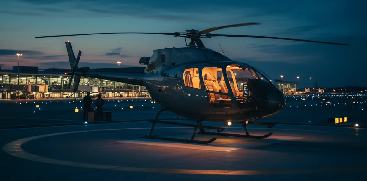 A modern helicopter on an airport helipad at dusk, with terminal lights glowing in the background.
