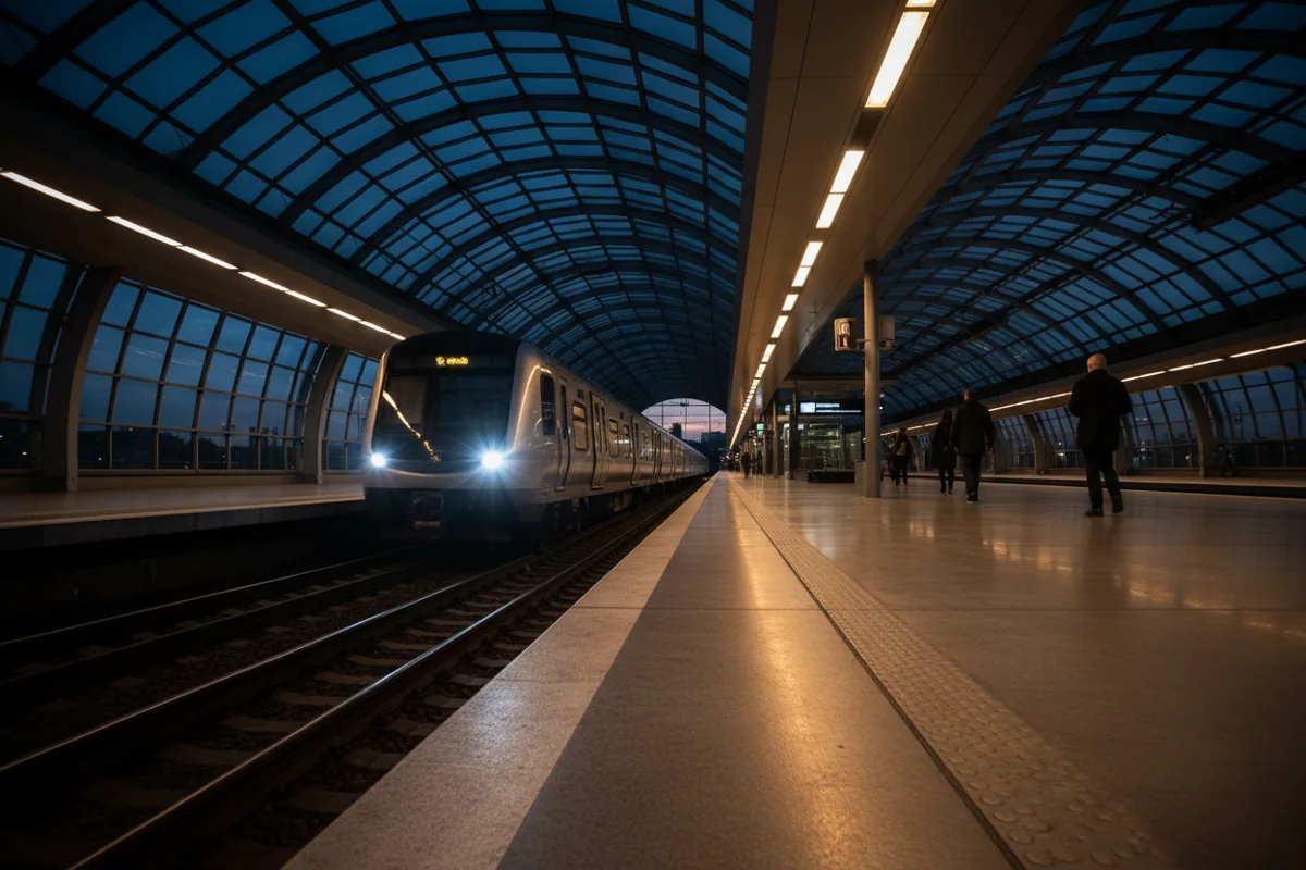 A commuter train arriving at a modern, empty station platform at twilight.