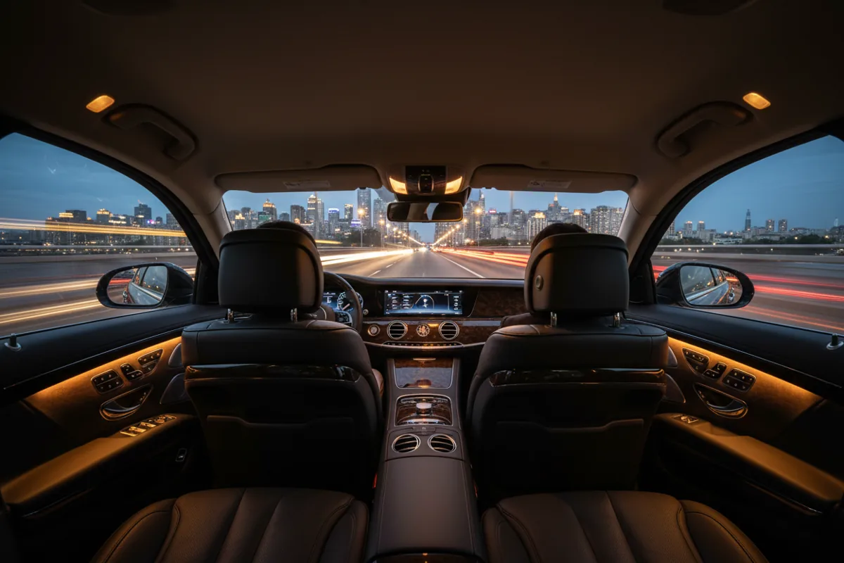 View of a glowing city skyline at night from the back seat of a luxury car driving over a bridge.