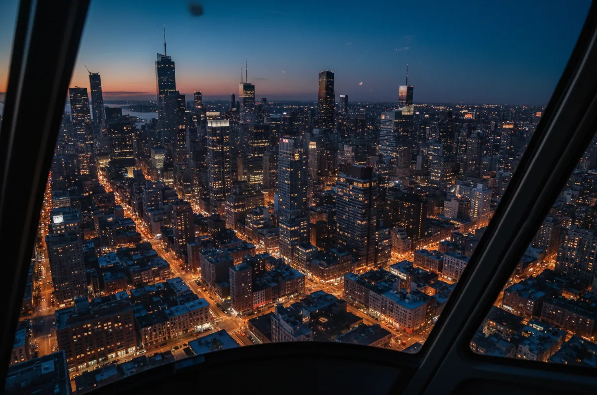 The glowing street grid of Midtown Manhattan at night, seen from a helicopter window.