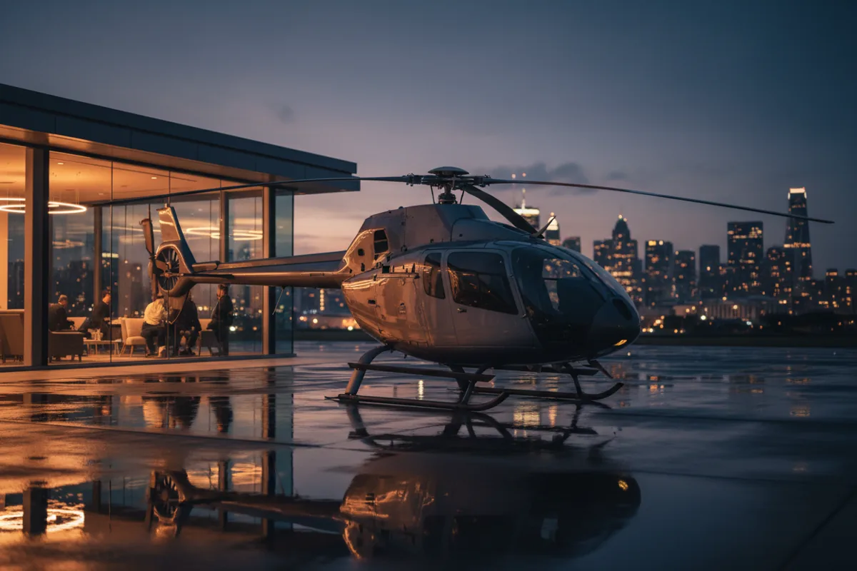 A helicopter on a tarmac at dusk next to a modern, glowing passenger lounge.