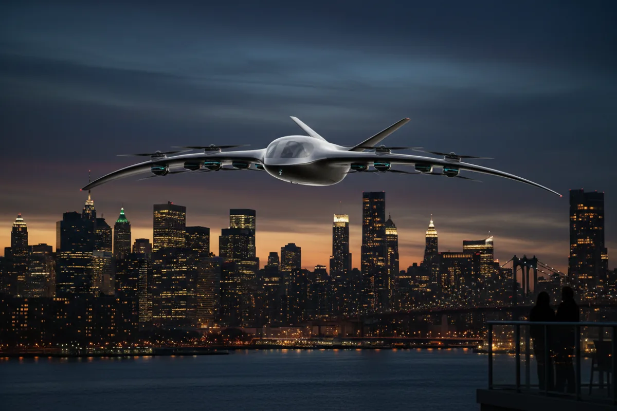 A futuristic eVTOL aircraft flies over a river between two glowing city skylines at dusk.