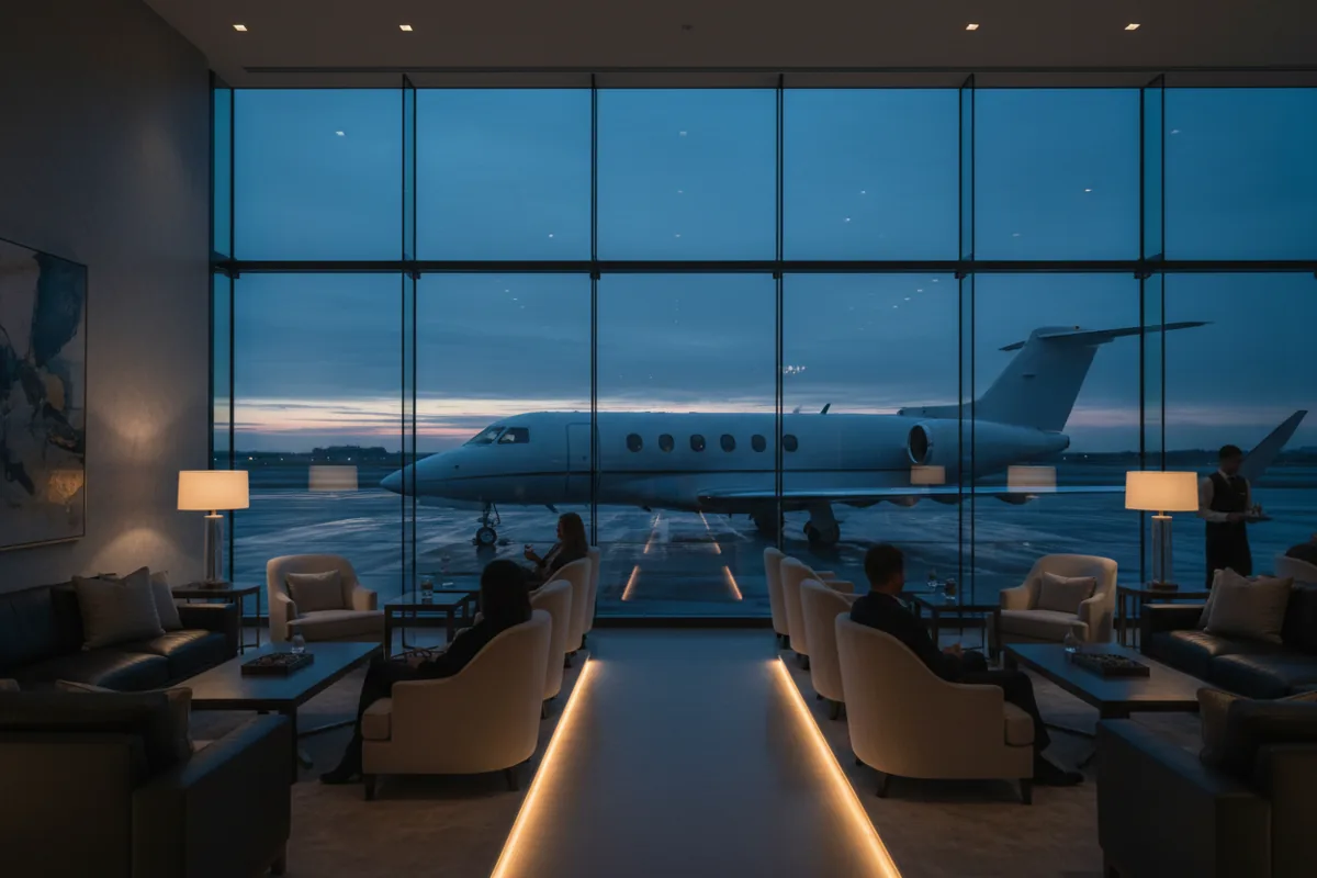 A quiet, modern airport lounge with a view of a private jet on the tarmac at night.