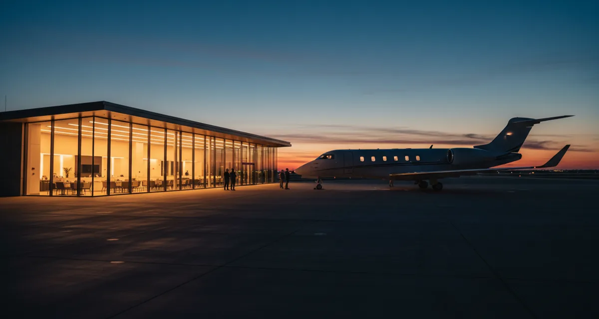 A modern private aviation terminal at dusk with a midsize business jet parked beside it.