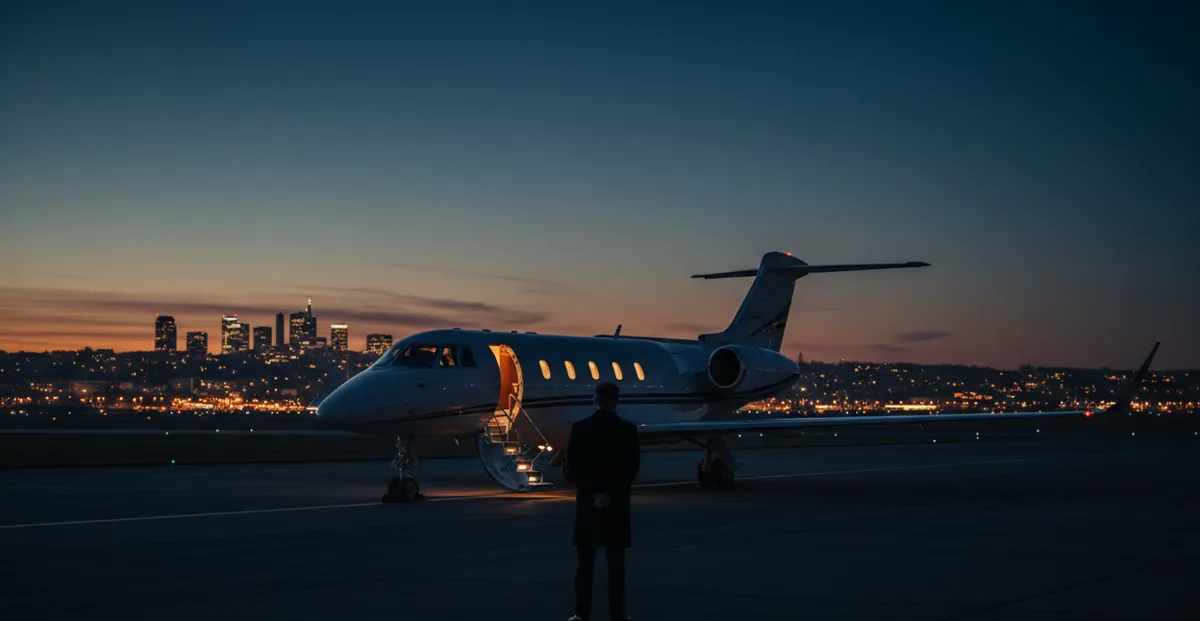 A private jet on the tarmac at night with an official waiting by the stairs for a customs check.