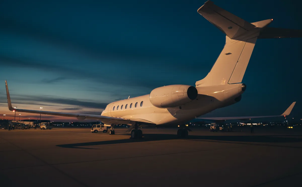The tail and wing of a private jet on an empty airport tarmac in the morning light.