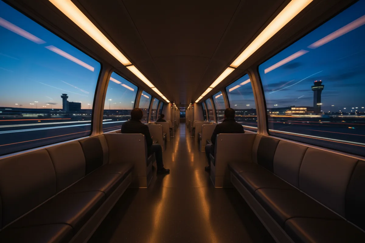 View from inside a modern, moving airport train at twilight, with blurred lights visible outside the window.