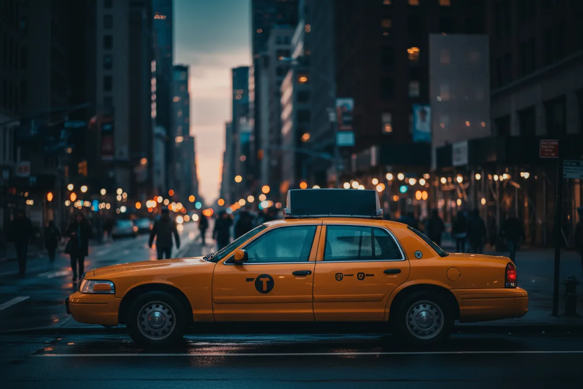 A yellow taxi parked on a wet Manhattan street at night with blurred city lights behind it.