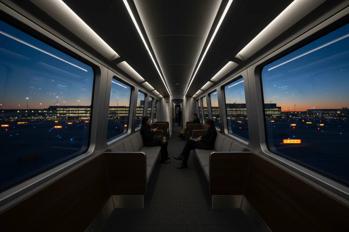 View of an airport terminal at dusk from inside a moving, modern elevated train.