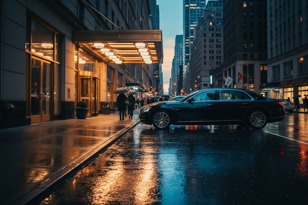 A black luxury car at the curb of a brightly lit city street at night.