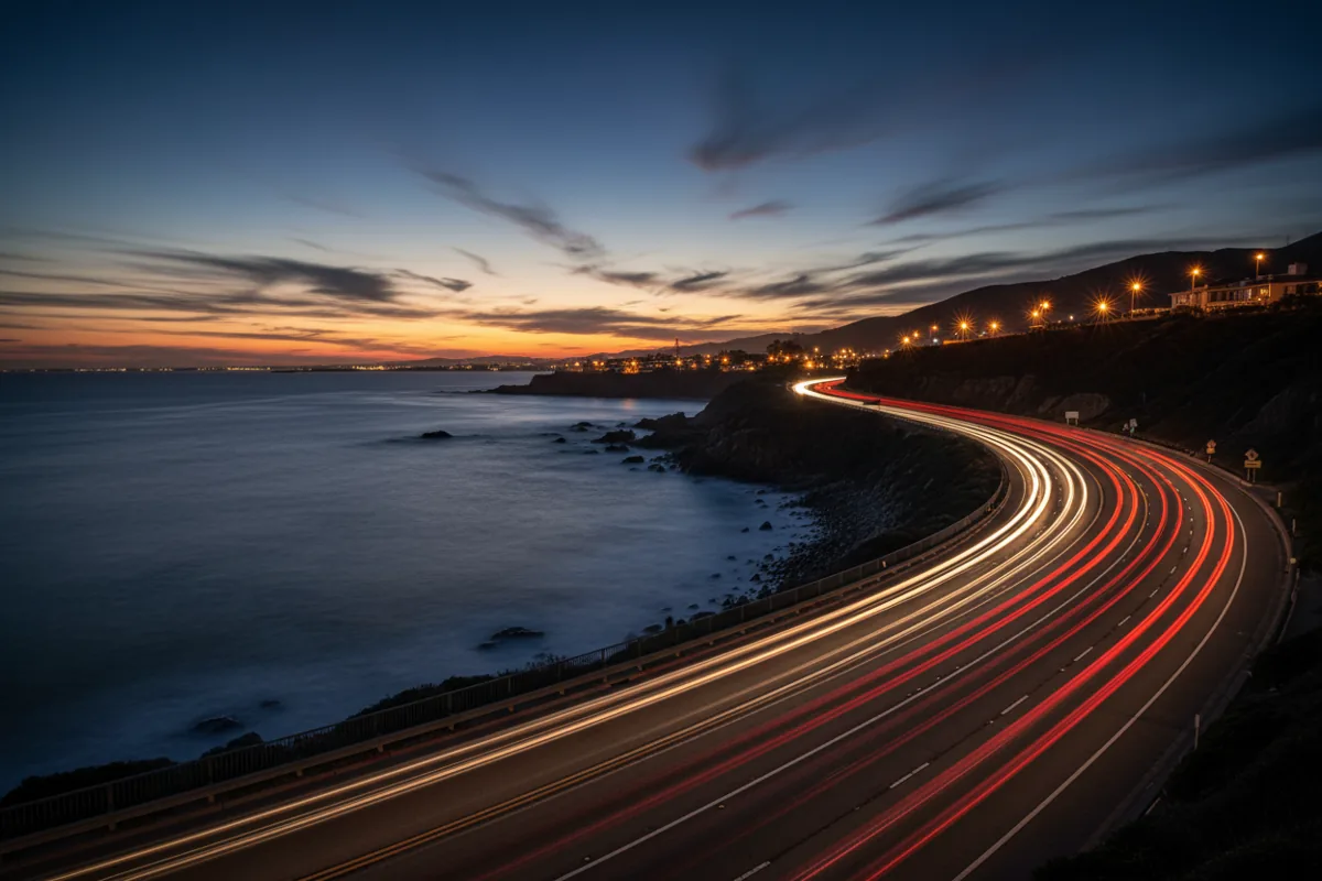 Long exposure shot of car light trails on a coastal highway next to the ocean at dusk.
