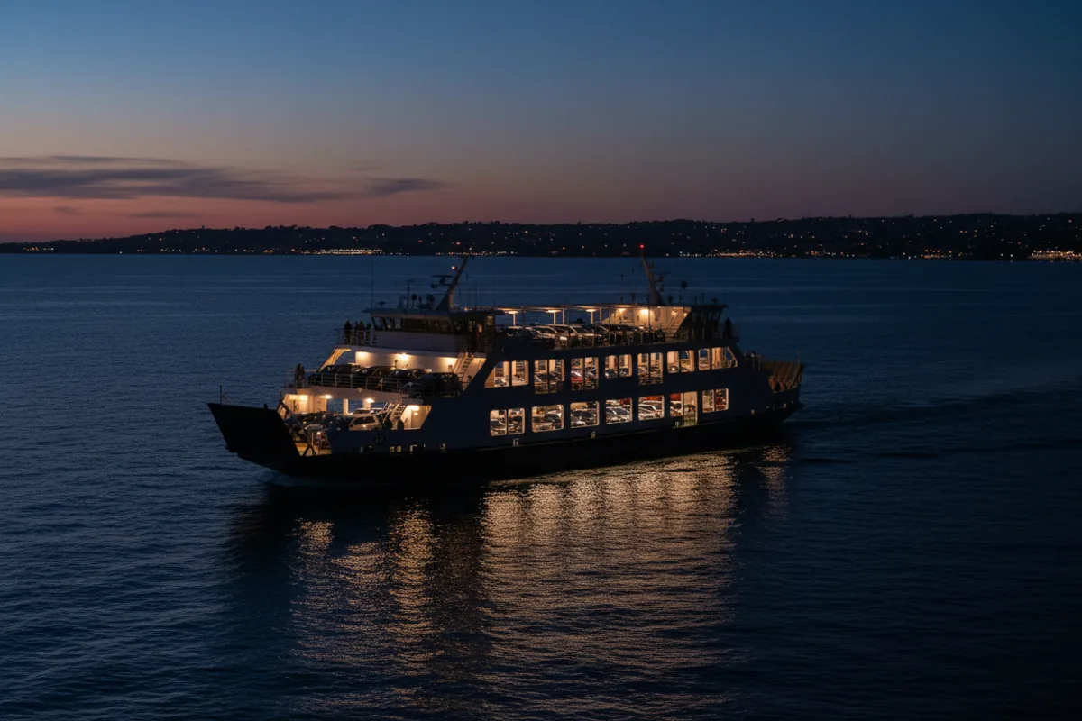 A car ferry crossing the water at dusk, with warm lights glowing on its decks.