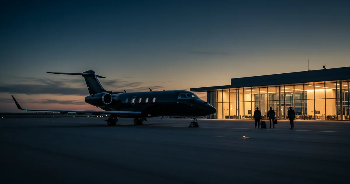 A private jet on the tarmac of a modern airport terminal at dusk.