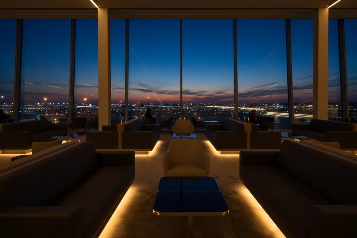 An empty, modern airport lounge with comfortable seating and a view of the airfield at dusk.