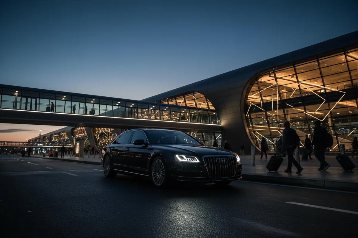 A luxury car arrives at an airport terminal's departure curb at night, with warm lights glowing.
