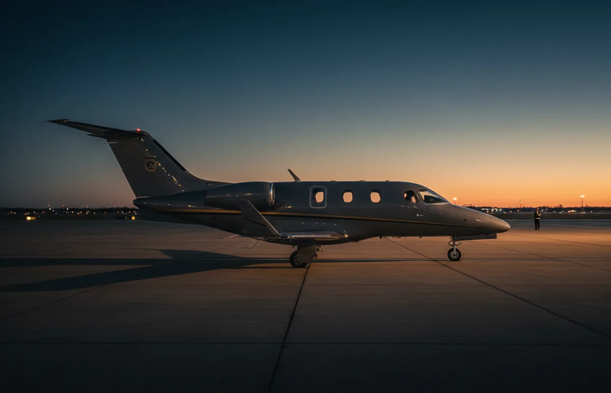 A small single-engine very light jet with a V-tail parked on an apron under a clear sky.
