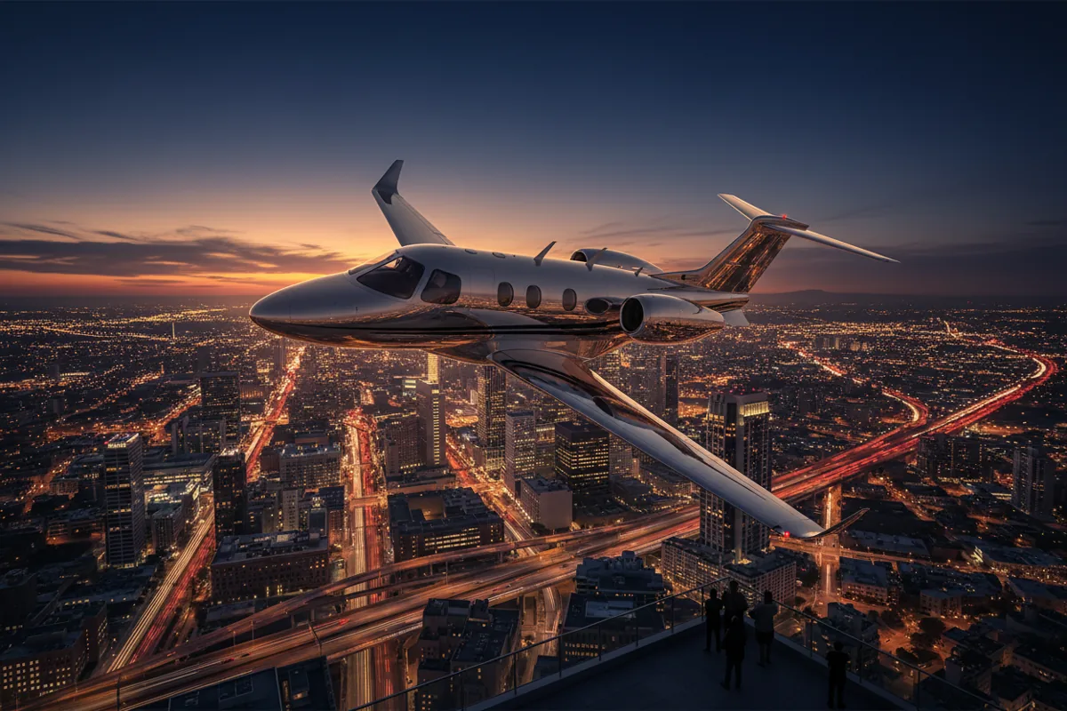 A small private jet flying over a city at night, with the city lights visible below.
