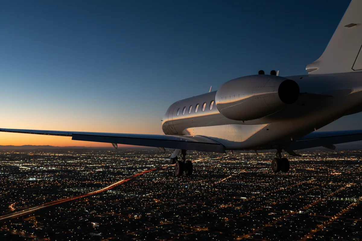 A small private jet flying over a vast city landscape at night.