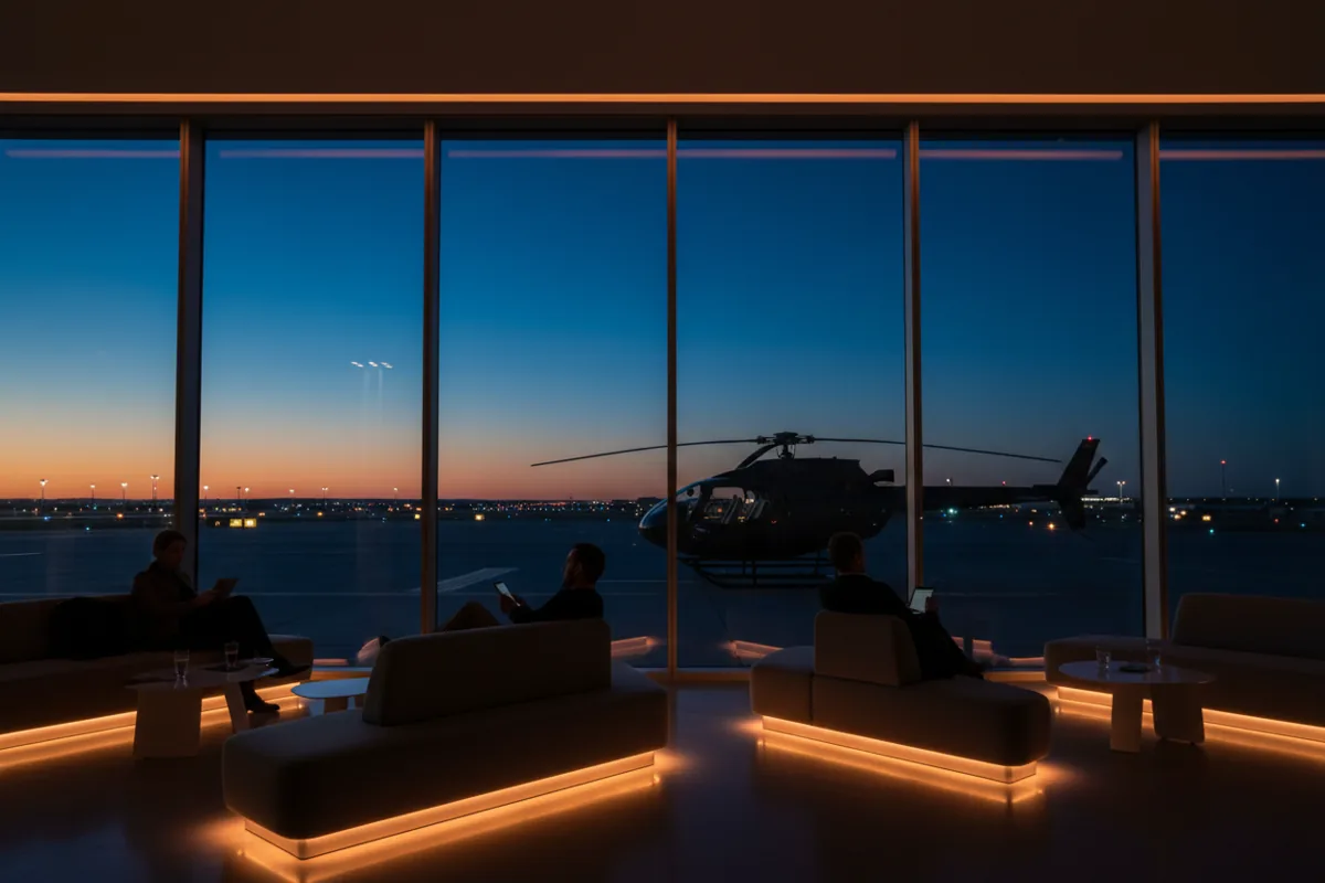 A modern airport lounge at dusk with people waiting and a helicopter visible on the tarmac outside.