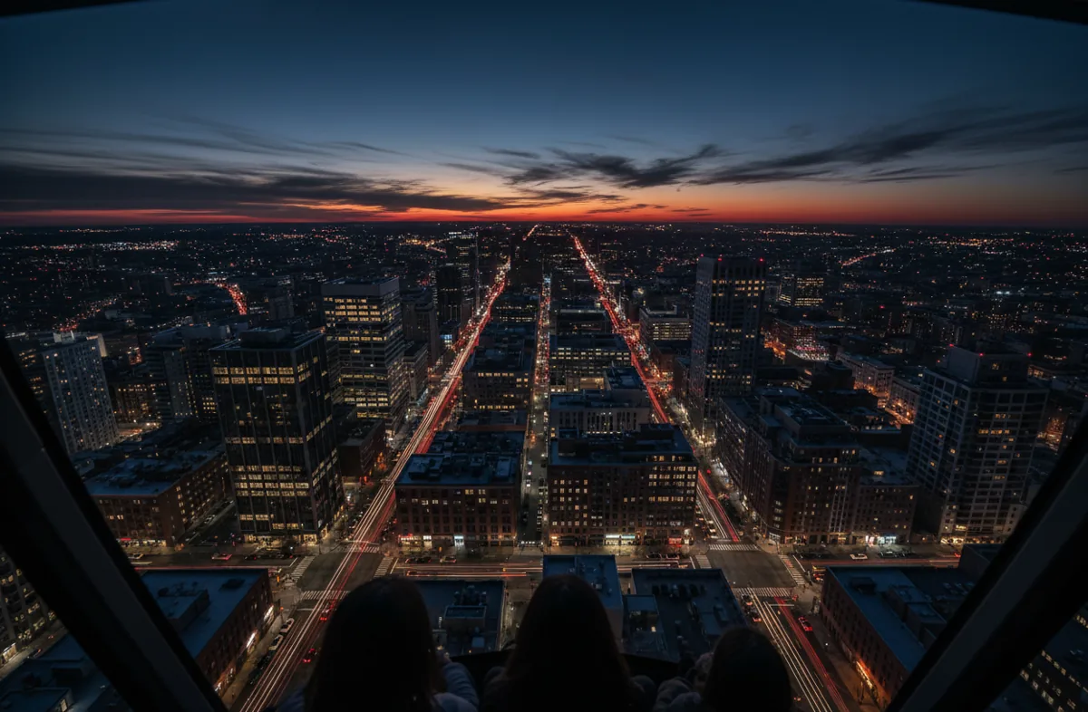 Aerial view from a helicopter at dusk, looking down on the glowing grid of city streets and traffic.
