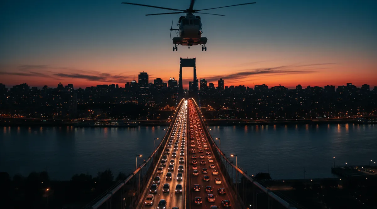 A helicopter flying over a bridge congested with heavy traffic at twilight.