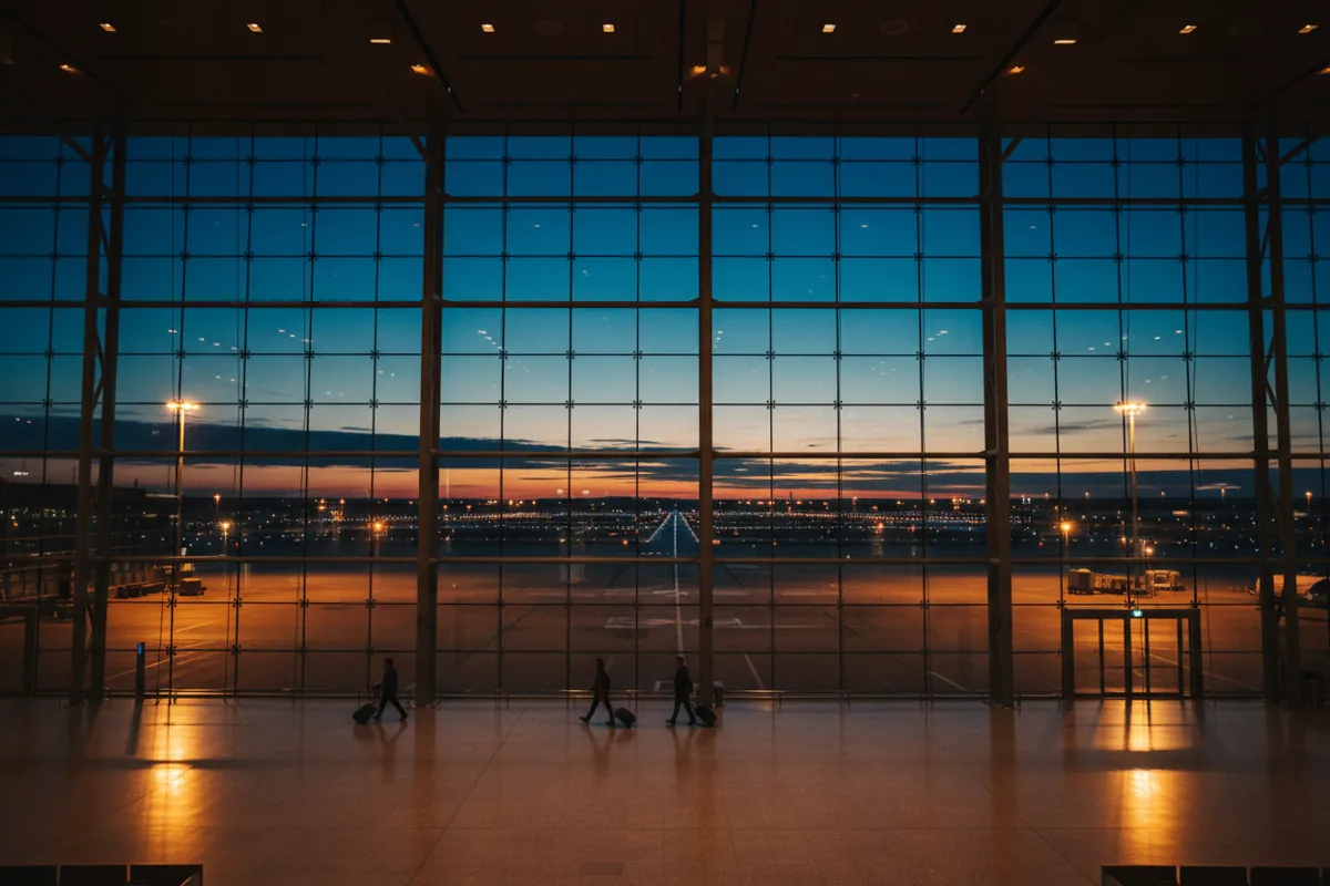 Interior of a modern airport terminal with large windows overlooking the airfield at dusk.