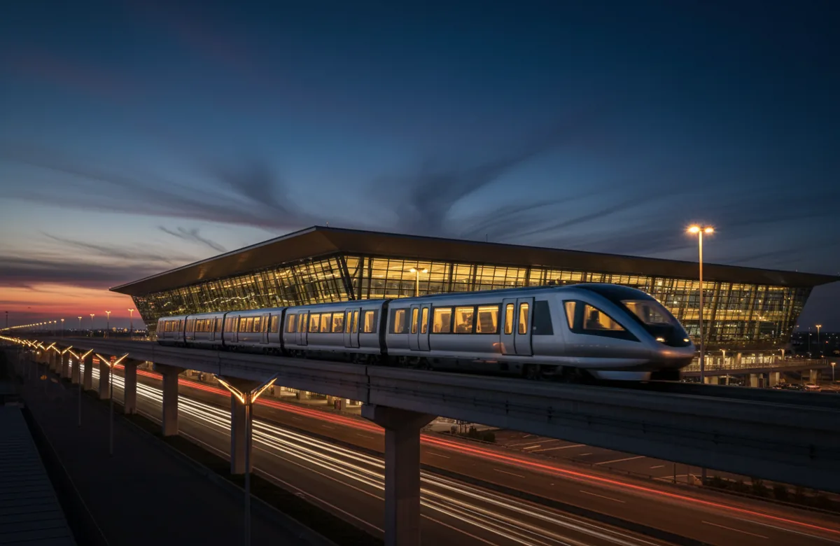 An airport train on an elevated track at night with a glowing terminal in the background.