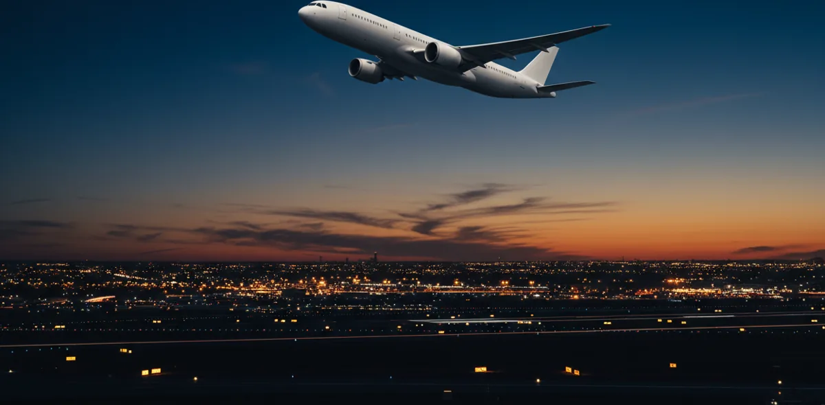 A passenger airplane taking off at dusk, climbing into a dark blue sky over city lights.