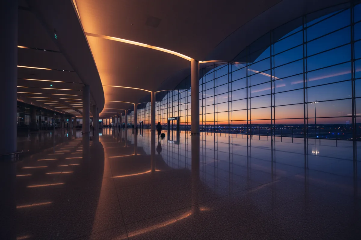 A modern, empty airport terminal concourse at dusk with glowing lights.