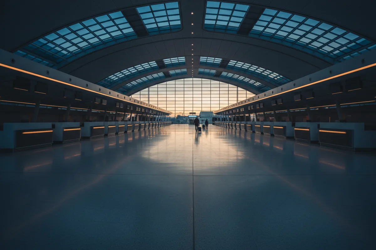 Empty and quiet airline check-in counters in a modern airport terminal.