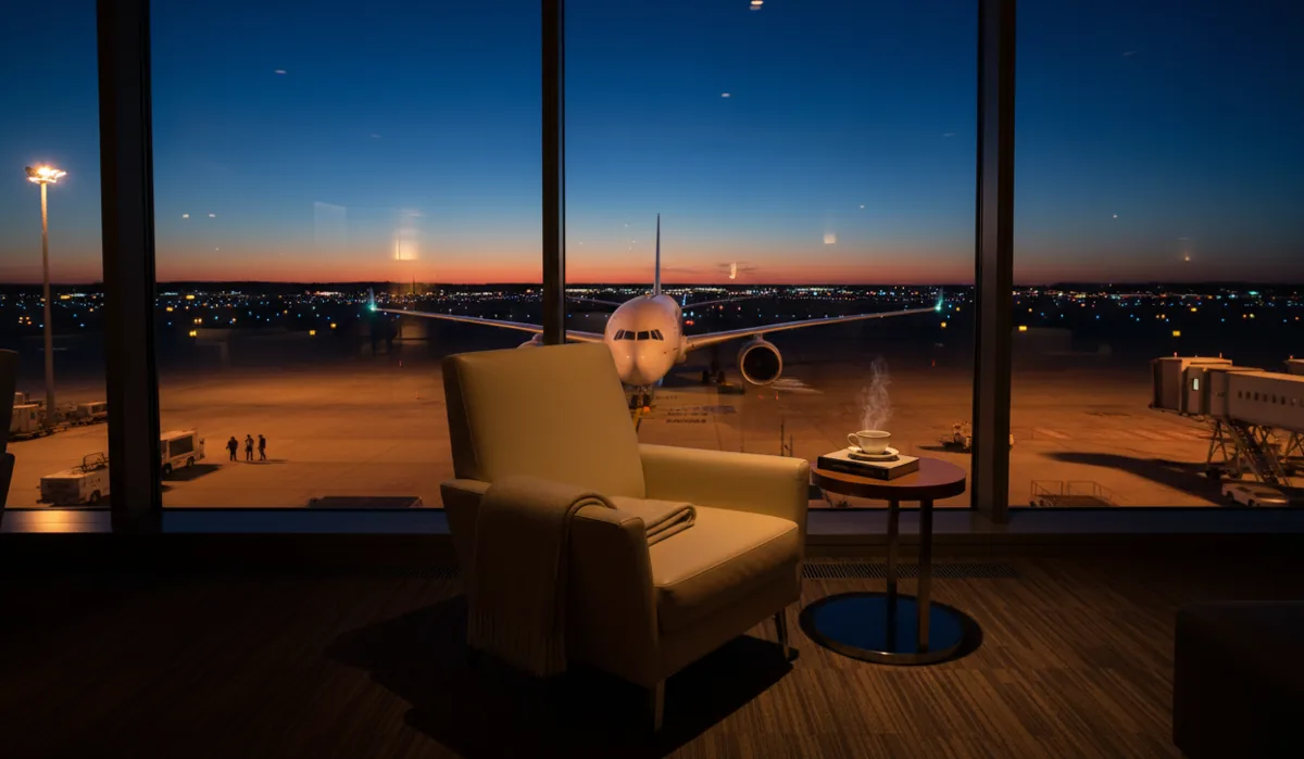 View of an airplane on the tarmac at twilight from a comfortable airport lounge chair.