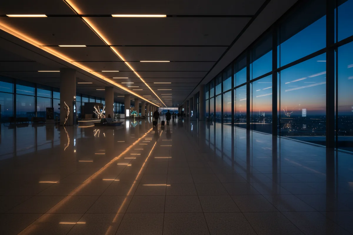 Expansive, modern airport terminal interior at twilight with a few travelers walking through the concourse.