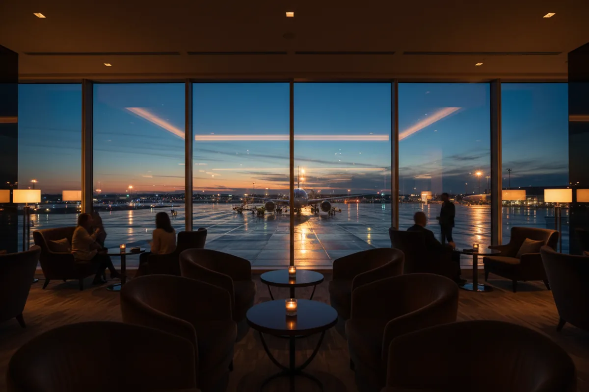 View of an airplane on the tarmac at dusk from inside a quiet, luxurious airport lounge.