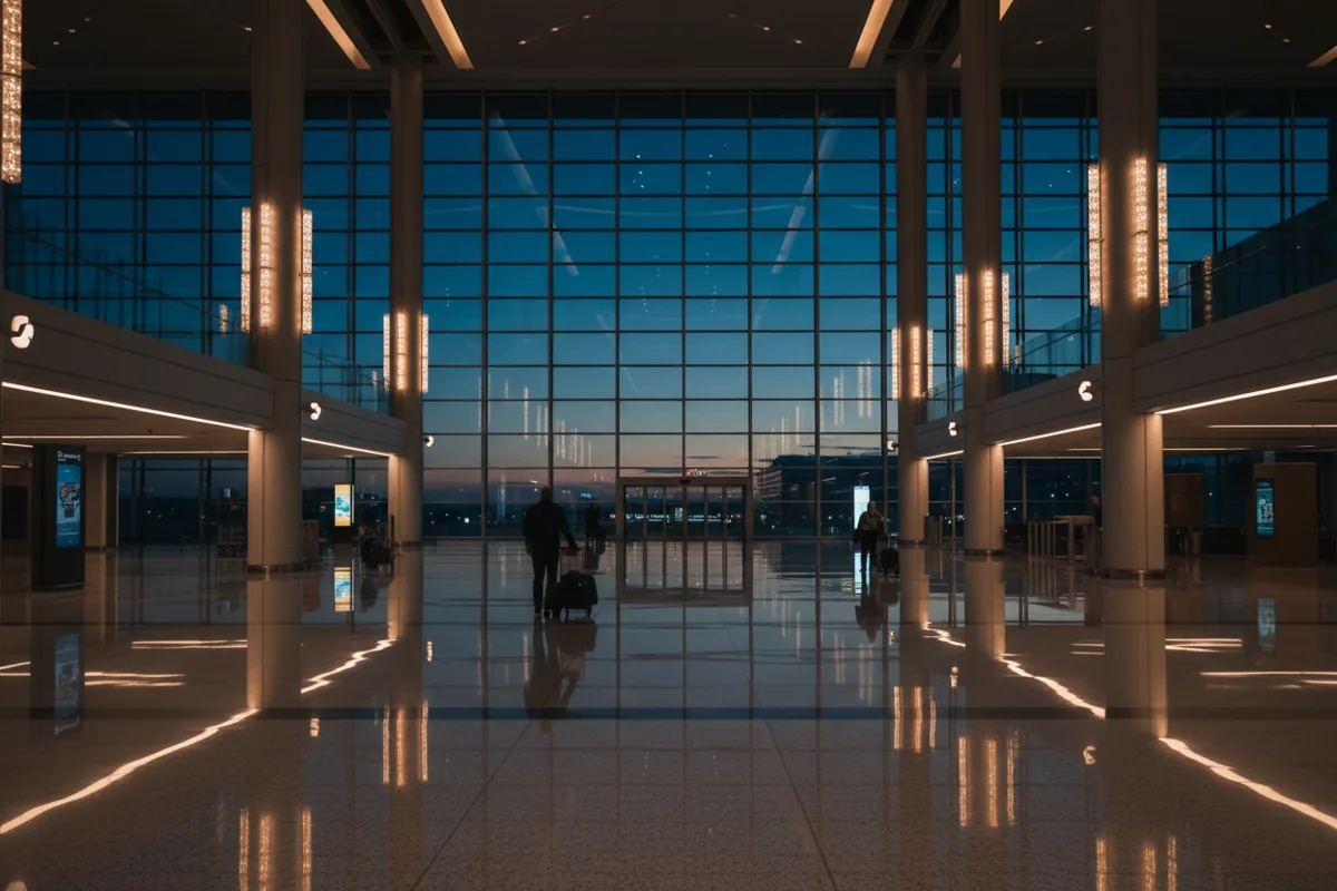 A modern, spacious airport terminal interior at dusk with a few travelers walking through the concourse.