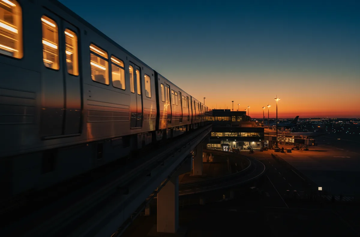 An airport monorail train traveling on an elevated track above the airport at twilight.