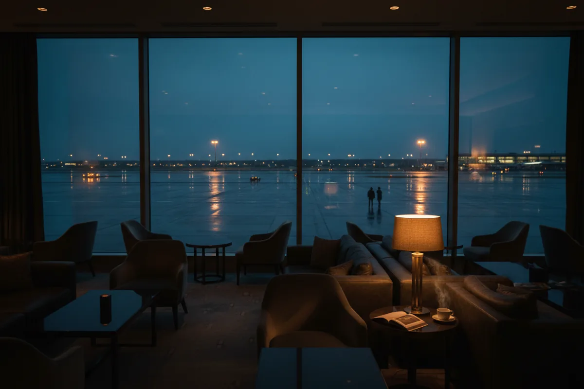 A quiet, luxurious airport lounge with armchairs looking out a large window onto the tarmac at dusk.
