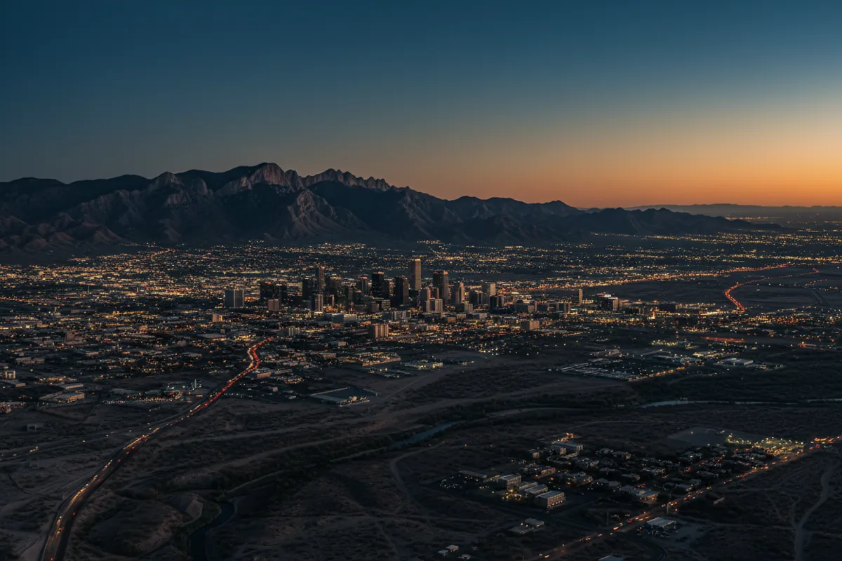 El Paso, Texas at dusk, with the Franklin Mountains rising behind the city.