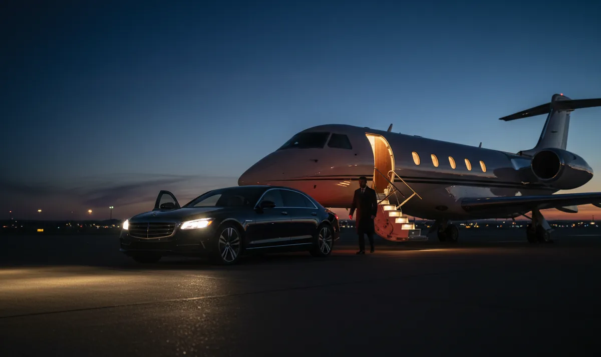 A luxury car parked by a private jet on the tarmac at dusk, with a person walking toward the plane.