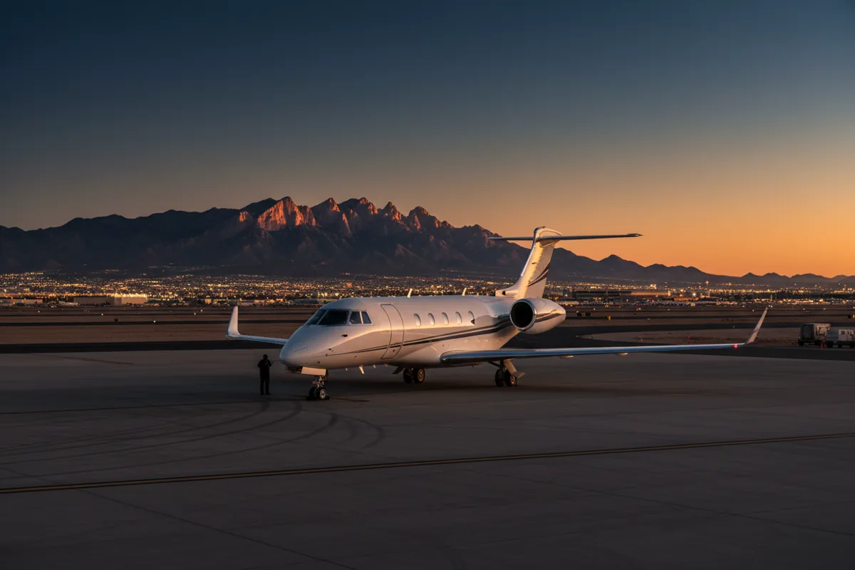 A midsize business jet on a desert apron at sunset with the Franklin Mountains above El Paso.
