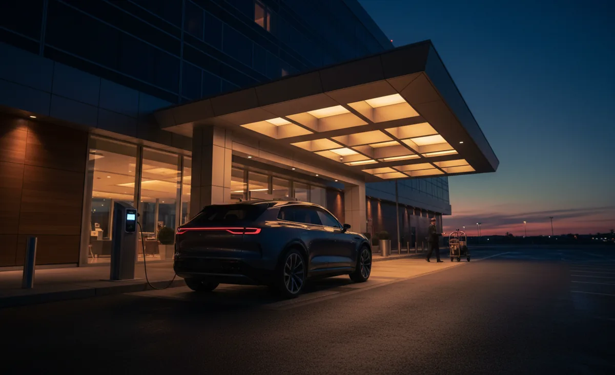 An electric SUV charging at a luxury hotel entrance near an airport at dusk.