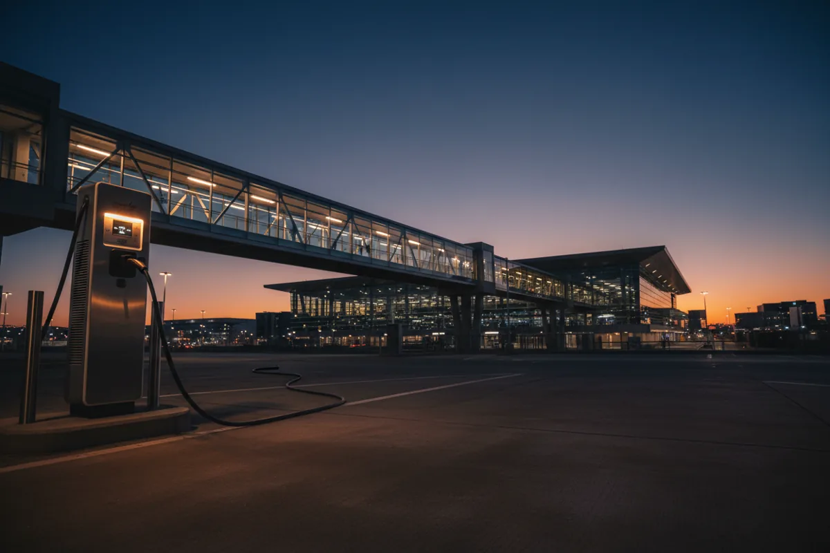 A pedestrian skywalk connects an airport terminal to a parking garage with an EV charging station in the foreground.