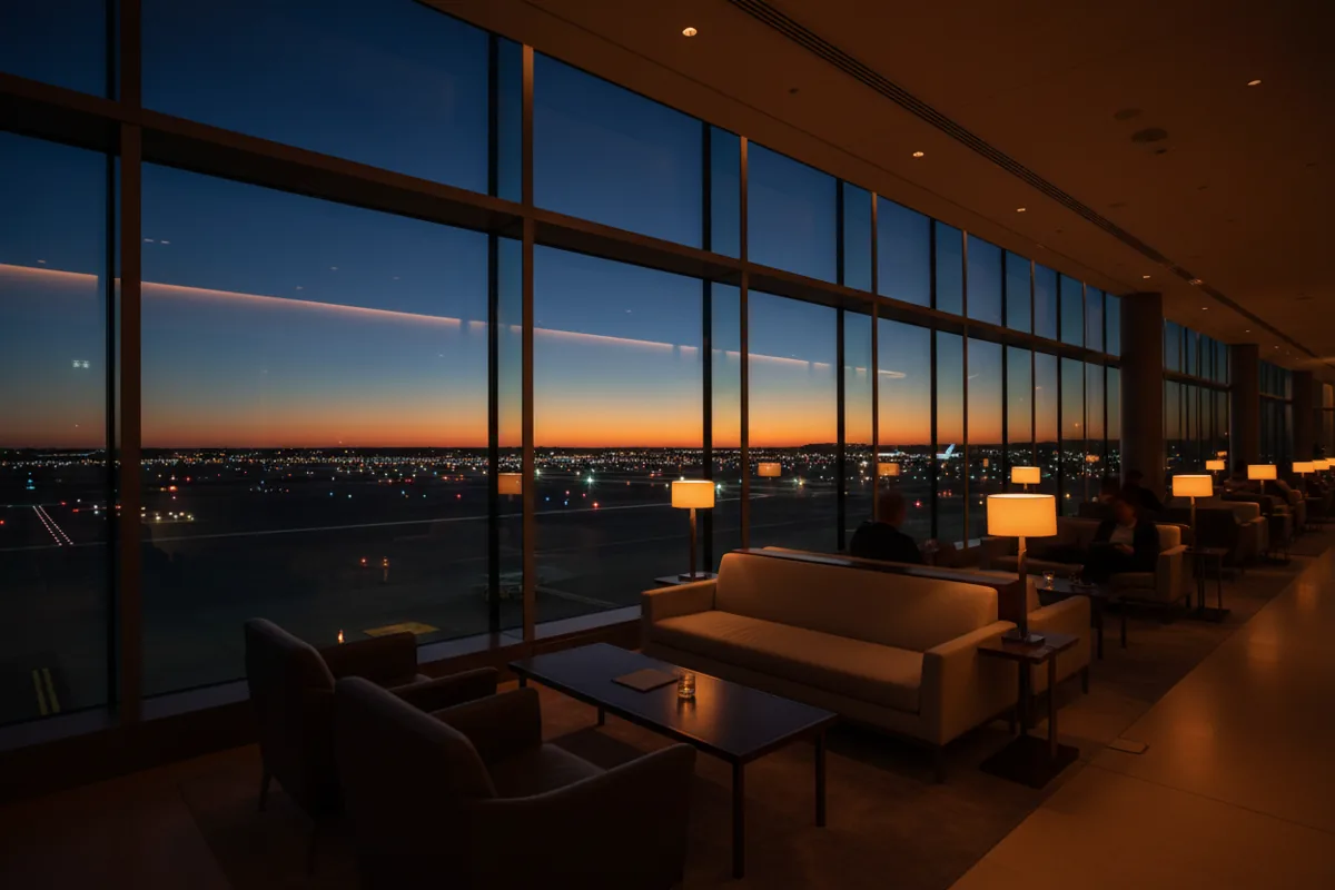 A modern, luxurious airport lounge with designer furniture overlooking an airfield at dusk.