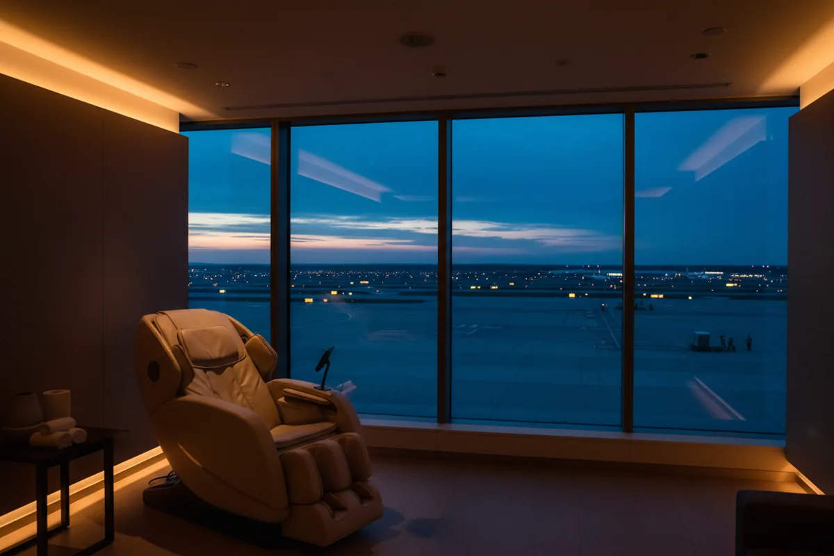 A quiet wellness room in an airport lounge with a massage chair overlooking the runway at night.