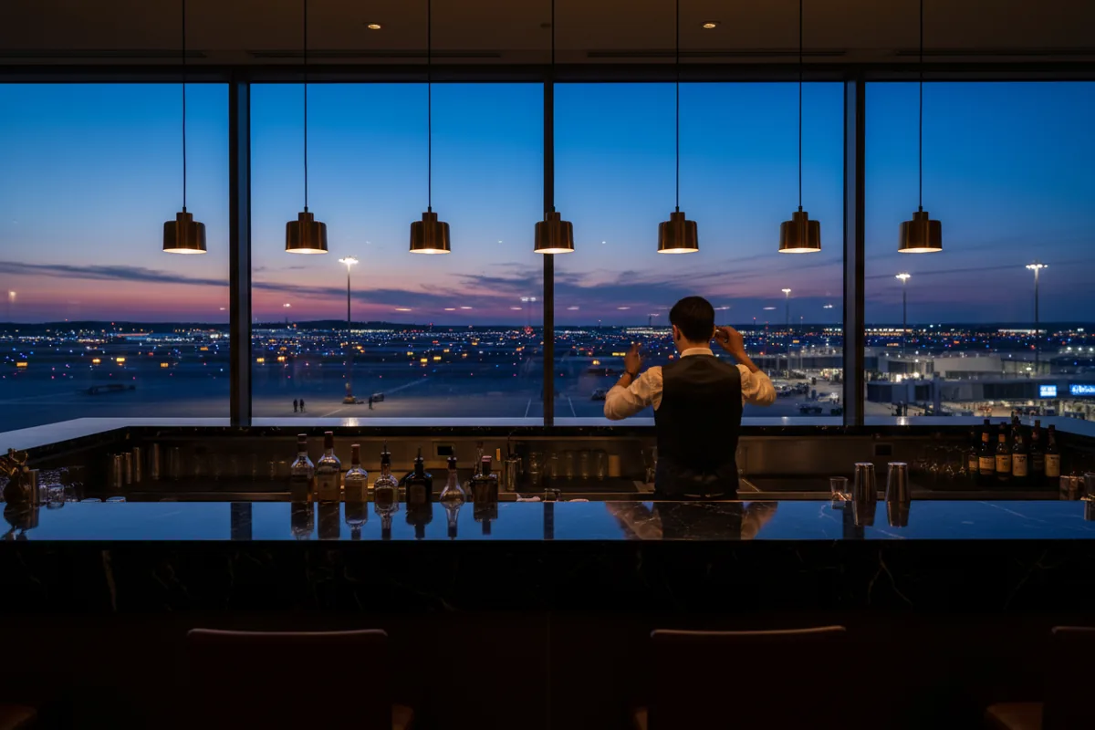 A stylish airport cocktail bar with a marble counter and a view of the airfield at night.