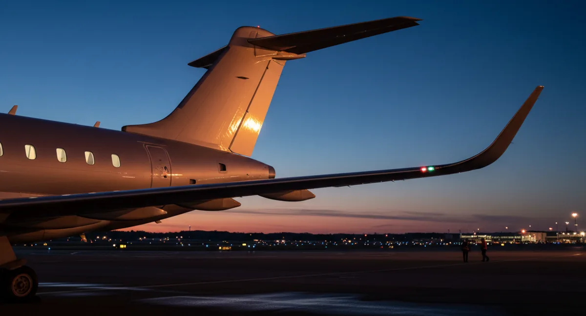 The tail and wing of a private jet at sunset, highlighting its sleek design.