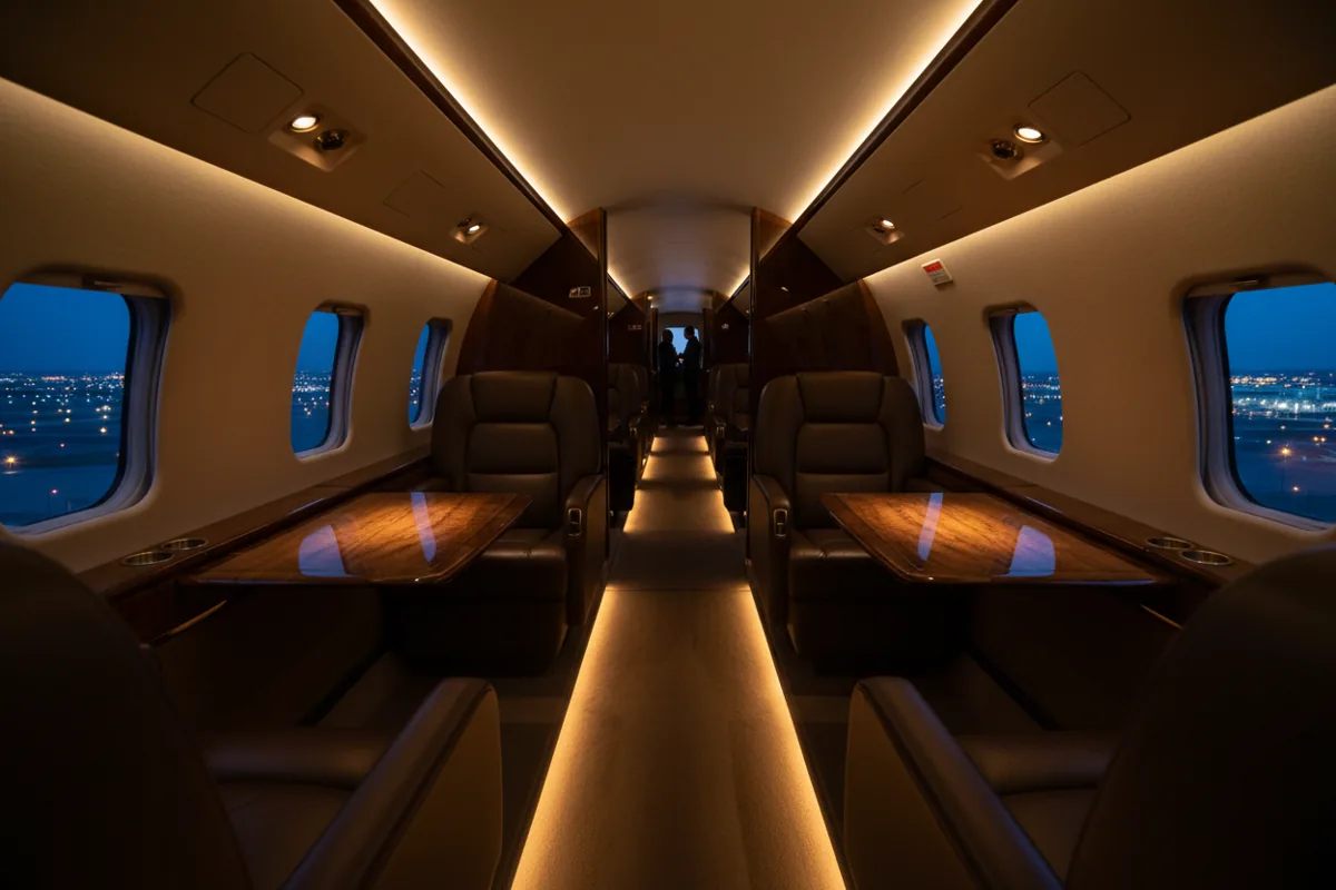 The empty, illuminated cabin of a luxurious private jet at night.