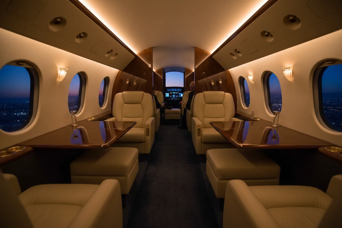 The luxurious interior of a private jet cabin at night, with empty leather seats and glowing lights.
